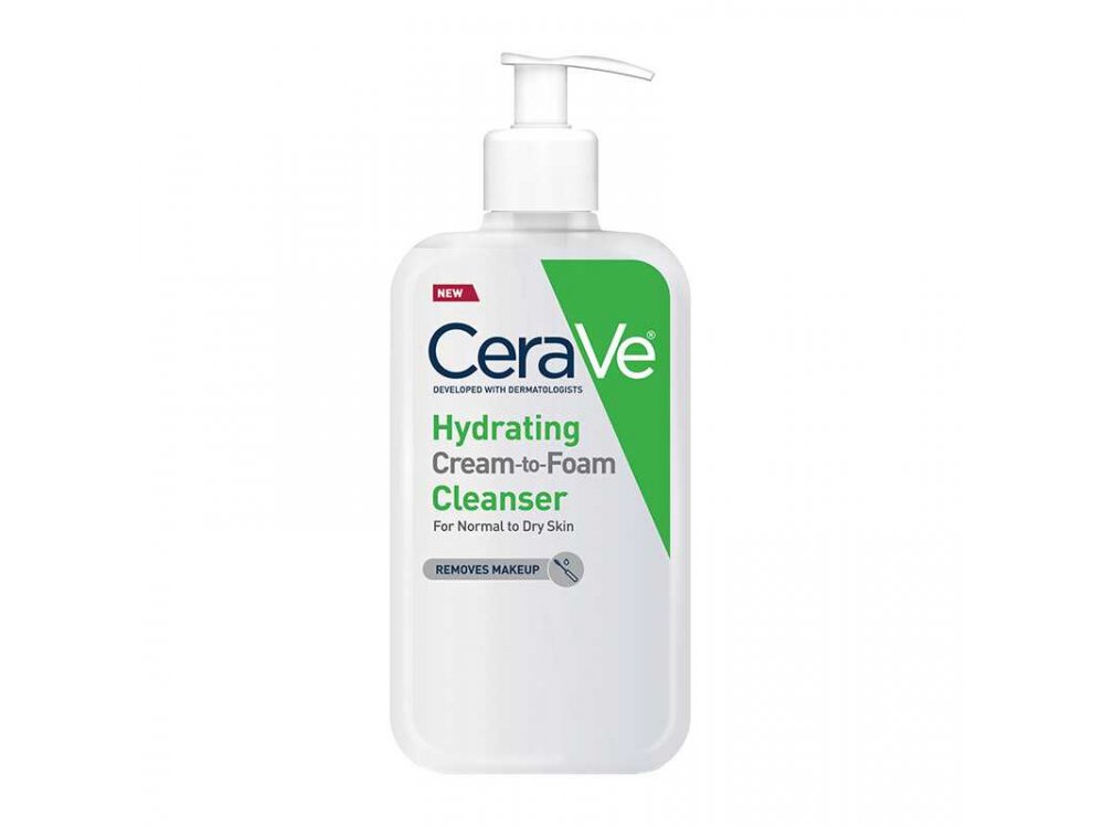 Cerave Hydrating Cream-To-Foam Cleanser Makeup Remover And Face Wash With Hyaluronic Acid Fragrance Free 236ml
